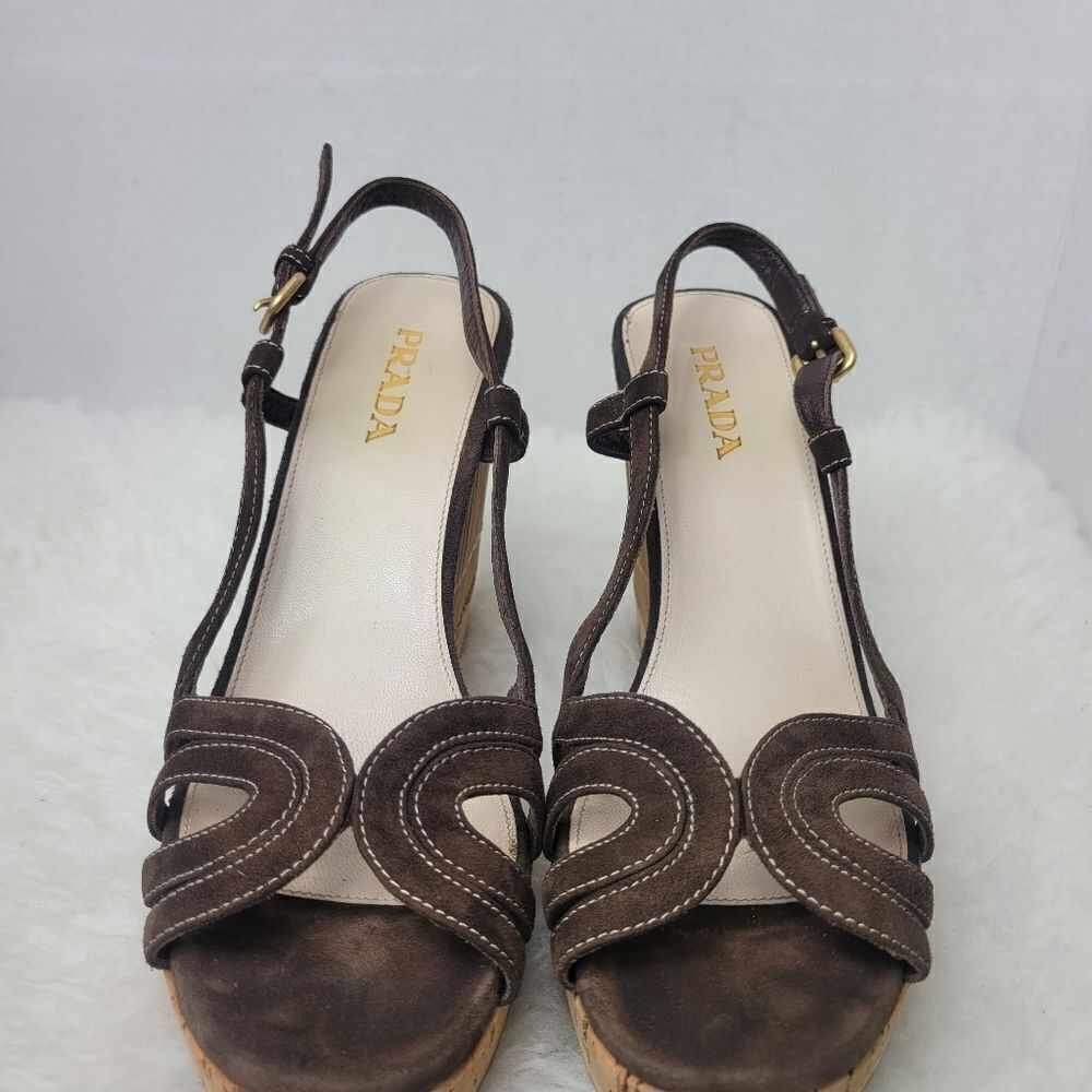 Prada Brown Suede Platform Slingback Cork Wedge Bamboo Sandals Shoes Size 7.5 - Picture 2 of 8